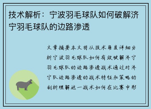 技术解析：宁波羽毛球队如何破解济宁羽毛球队的边路渗透